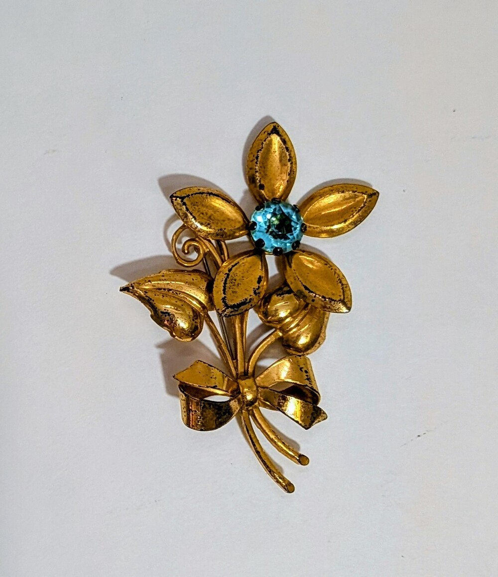 Vintage 1940s Sterling Silver Floral Brooch Blue Glass Stone Gold Wash Pin